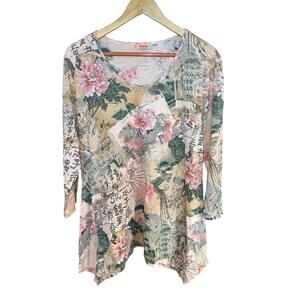 Tianello by Steve Barraza XL Floral Script Asymmetric Tunic Boho, Cottagecore